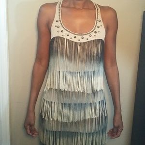 Tan And Black Finged Party Dress Size 2 or Small